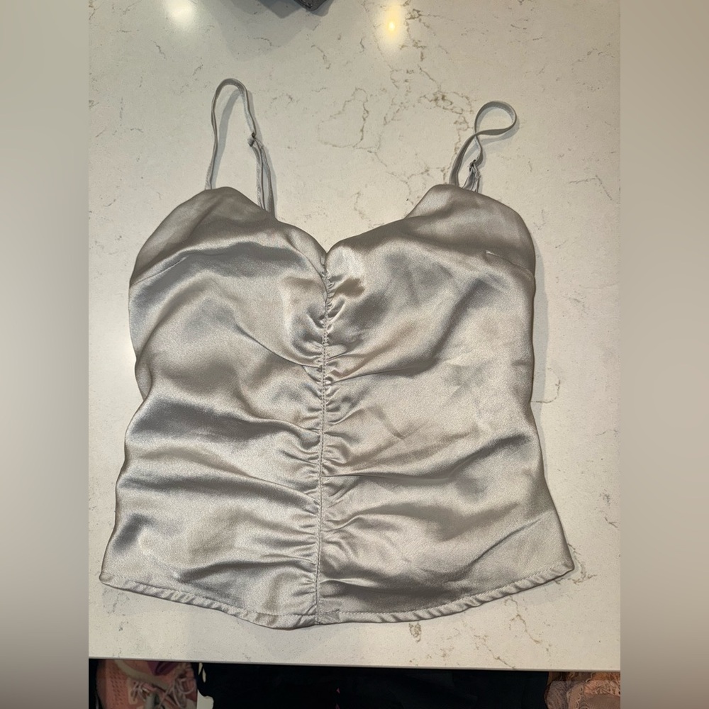 Women’s Silky Silver Ruched Adjustable Tank Top
